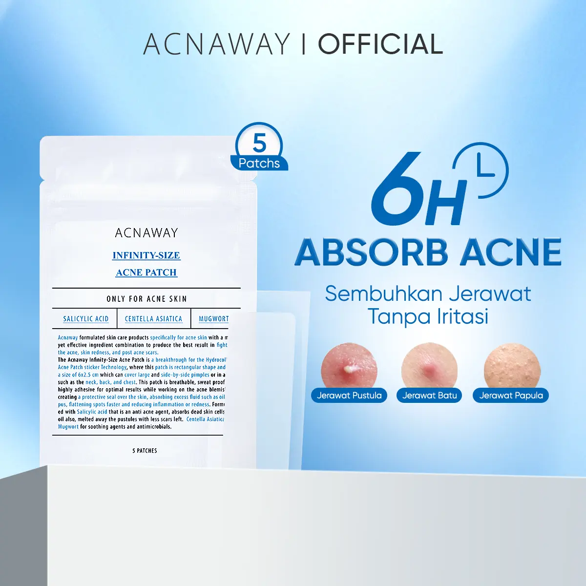 ACNAWAY Infinity Size Acne Patch 5 Patches – Plester Jerawat Panjang & Tipis untuk Wajah, Muka & Tubuh | Facial & Body Acne Spot Treatment Invisible, Breathable, Tahan Keringat, untuk Kulit Berminyak & Berjerawat with Salicylic Acid + Centella + Mugwort