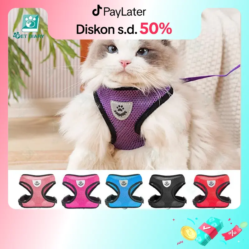 Rompi kucing+tali tuntun Harness Modis Mesh Lembut dengan Tali Pengikat Reflektif Harness aksesoris hewan peliharaan