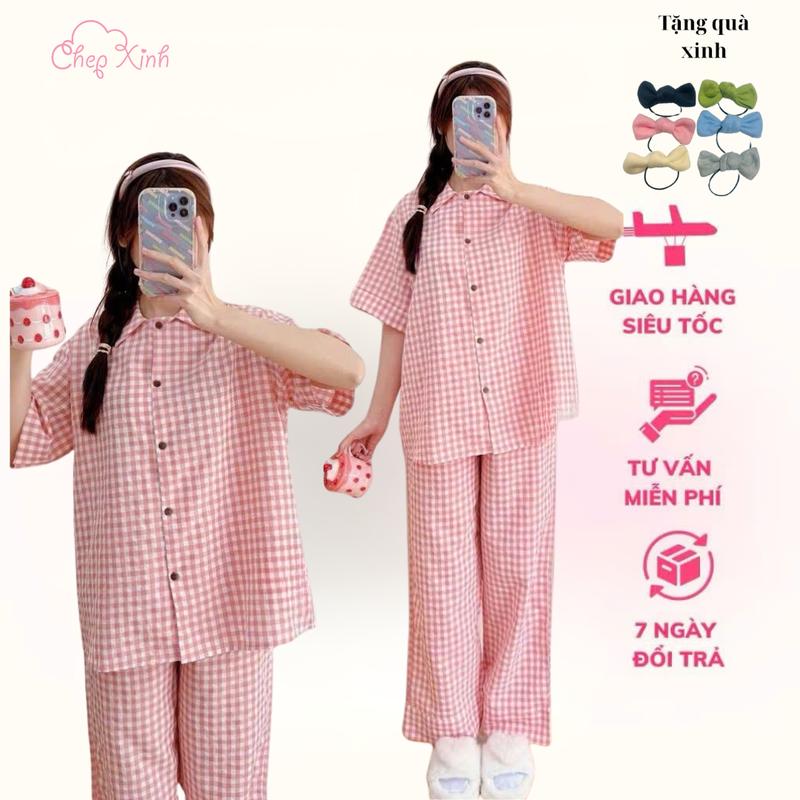 Bộ pijama kẻ caro Cộc Dài nhiều màu chất đũi họa tiết dễ thương phong cách Hàn Quốc Nữ Women