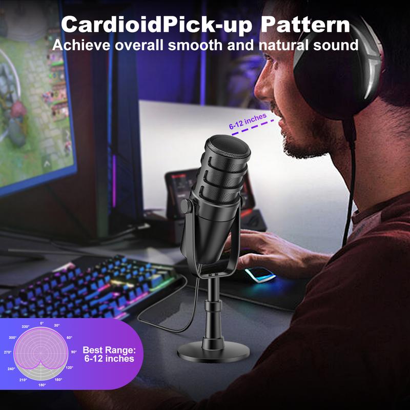 Micro động, Micro podcast XLR / USB, với chân đế để bàn, Nút tắt tiếng, giắc cắm tai nghe, núm tăng và điều khiển âm lượng, Micro chơi game lý tưởng cho podcasting, ghi âm, phát sóng Trực Tiếp Trực Tiếp, giọng nói qua 6