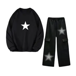 We e.Go New Setelan Crewneck Pria Wanita Dewasa Celana Cargo Panjang 1 Set Style Skena Gaya Korean Paket Bundling Suitwear Cowok Party Formal Unisex Sweater Oneset Panjang Casual Keren Hitam stecu outfit one