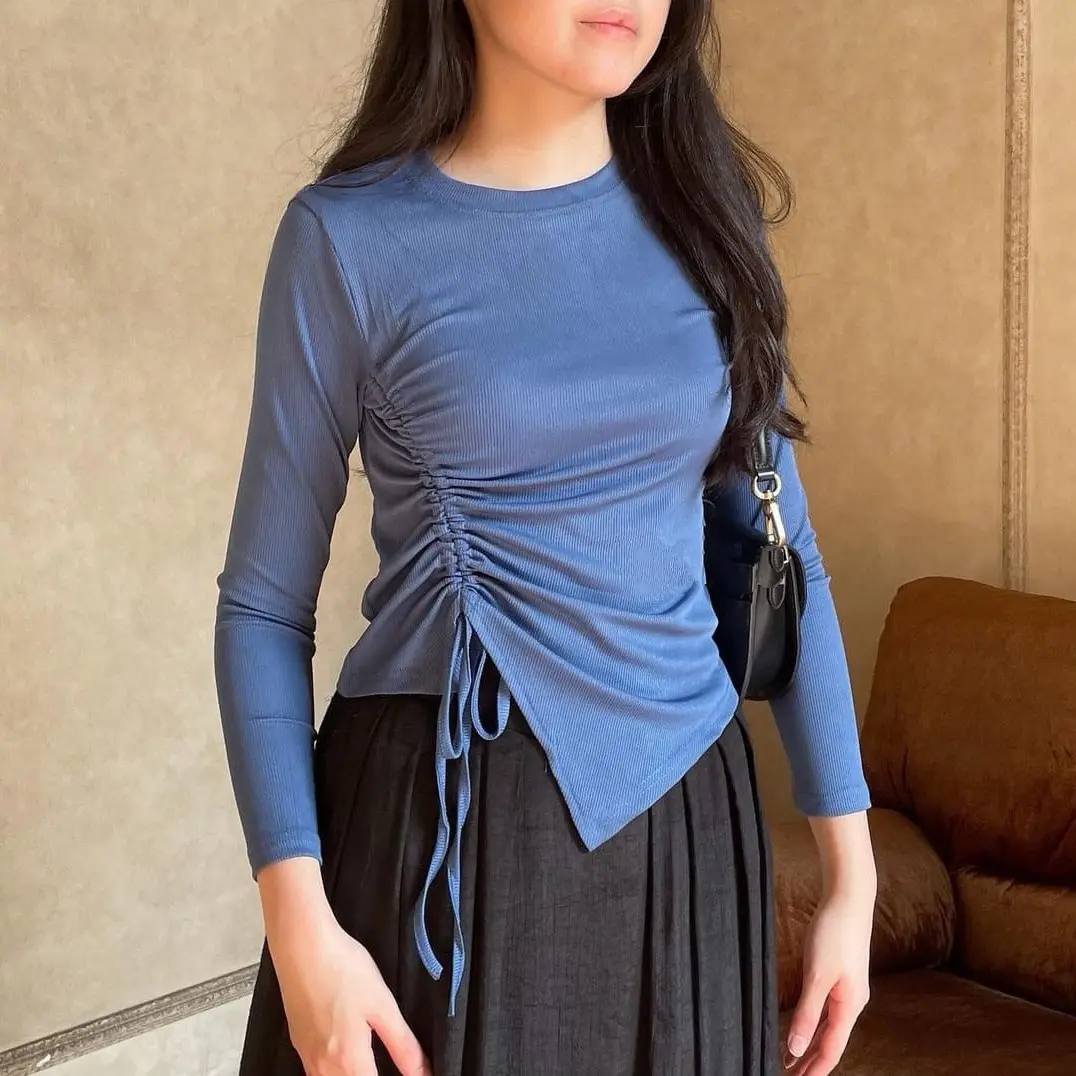 CECILIO KNIT BLOUSE RIB ATASAN WANITA RIB KNIT TALI SERUT SAMPING | ATASAN WANITA LENGAN PANJANG TERBARU