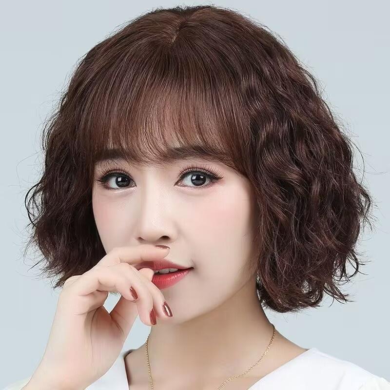 Tóc Giả Nữ Mới, Tóc Ngắn Bồng Bềnh Như Thật, Perm Ngô, Bộ Tóc Giả Nữ Toàn Đầu, Cuộn Len Dài Trung Bình 1