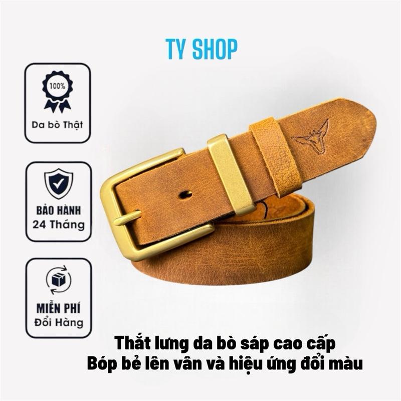 Thắt lưng da bò sáp nguyên tấm cao cấp bóp bẻ lên vân và hiệu ứng đổi màu. Khóa đồng thau và hợp kim antimon