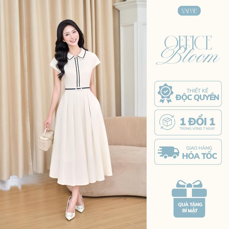 Váy nữ dáng A xoè nhẹ tay chờm vai cổ vạt nhọn viền đen tạo điểm nhấn kèm đai thắt eo YAME YV629