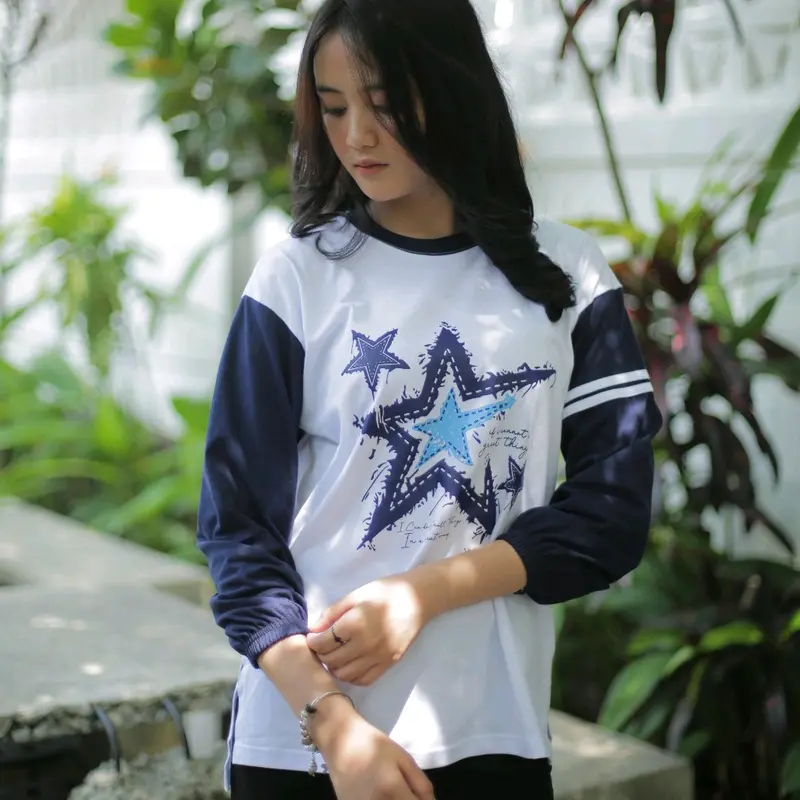 Baju Kaos Atasan Lengan Kerut 7/8 Bahan Katun Combed Tebal Lembut Nyaman Dipakai | Xhafana Star Oversized Dewasa | Navy Putih 2