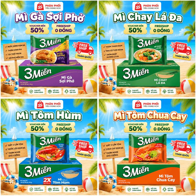 Thùng 30 gói Mì 3 Miền Vị Chọn Vị Cay Đậm Đà Tiện Lợi