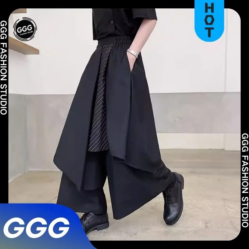 Quần Bất Đối Xứng, Phong Cách Tối Màu, Quần Culottes Samurai Ruy Băng Phong Cách Nhật Bản Cho Nam, Quần Ống Rộng Sọc Cổ Điển Tương Phản, Dành Cho Nam Giới Pants Menswear