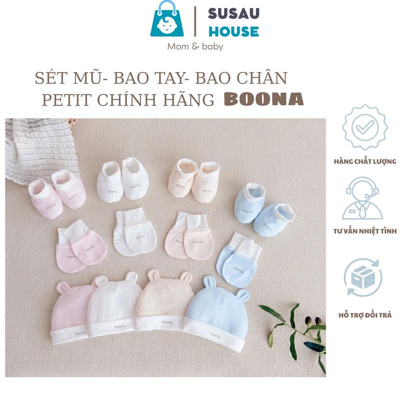  Set Mũ Và Bao Tay Chân Phối Màu Hãng BOONA Cho Bé Sơ Sinh Vải Petit Mềm Mại Nhiều Màu Cao Cấp 