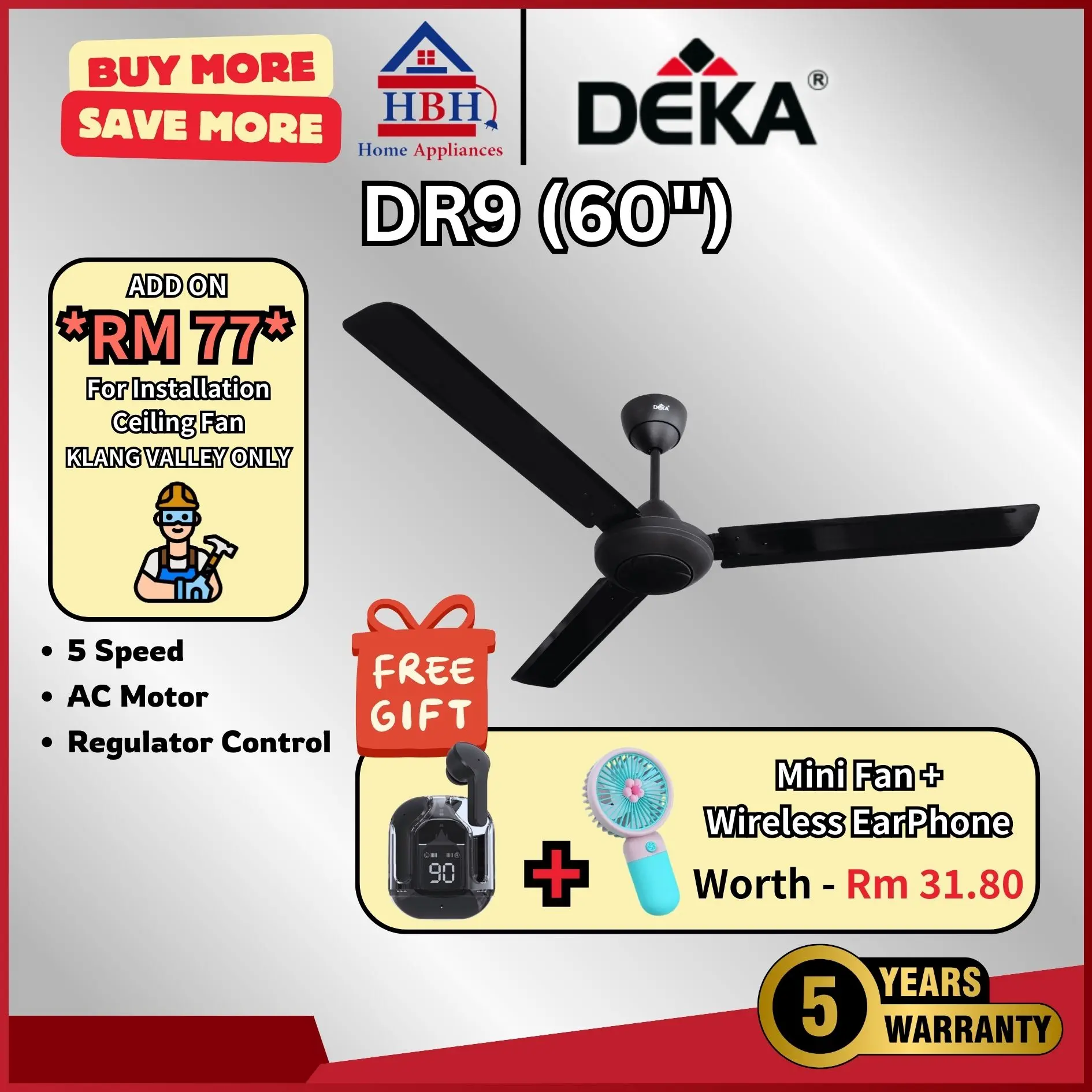 (FreeGift) Deka | DR9 | 60" | 3 Blades | AC Motor | 5 Speeds Electronics | Wall Regulator | Ceiling Fan | Kipas |