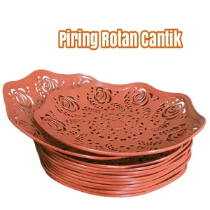 PAKET PIRING ROTAN CANTIK CK01R cekung dan tebal isi 24 pcs dan 12 pcs Buah Nasi souvenir  motif daun piring rotan plastik Kitchenware