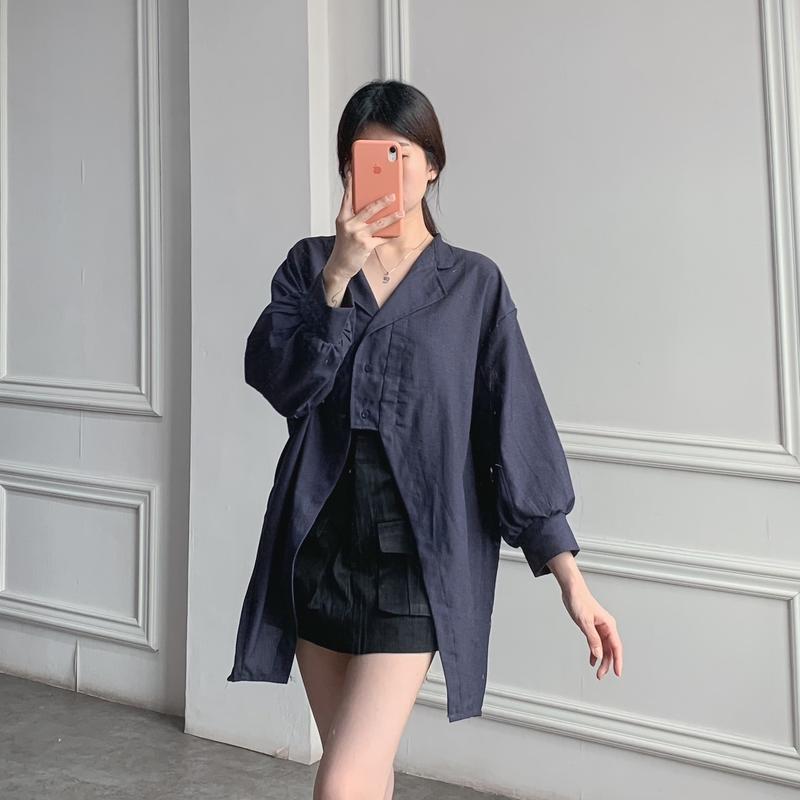 (Posy) Atasan Wanita Plain Hoppy Blouse Bahan Katun Denim Kemeja Polos Wanita Kancing 8