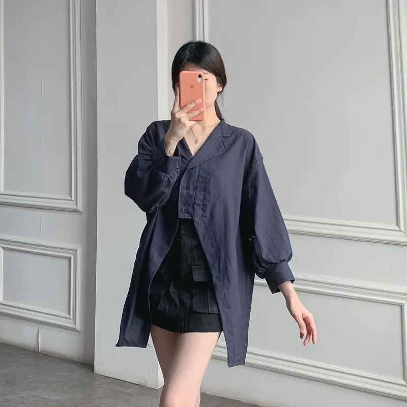 (Posy) Atasan Wanita Plain Hoppy Blouse Bahan Katun Denim Kemeja Polos Wanita Kancing 7