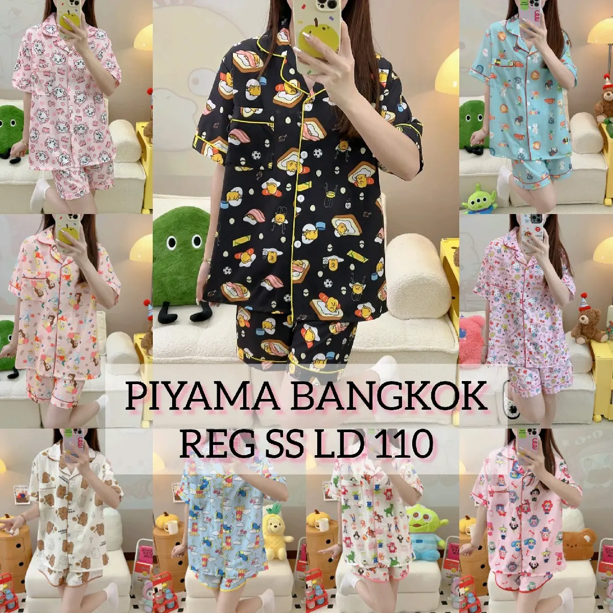Piyama Bangkok Bahan Korean Silk Ukuran Reguler LD 110 Lengan Pendek Celana Pendek