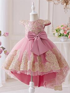 Vestido de niña grande con moño, bordado de lentejuelas y flores rosas, vestido de princesa elegante para concursos, actuaciones y eventos formales, vestido de gala largo con cola para niñas de 4 a 8 años