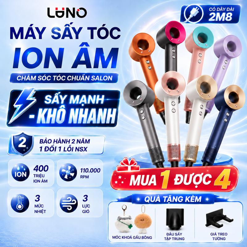 Máy Sấy Tóc Ion Âm LUNO 110.000 vòng/phút - Sấy Nhanh Hạn Chế Hư Tổn - Chế Độ…