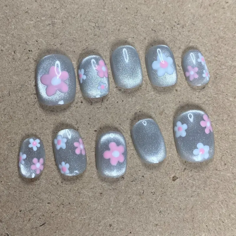 Pixie Dust cat eye berbunga bunga Press on Nails 1