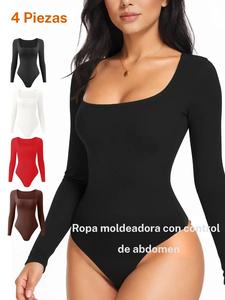 Body moldeador de manga larga para mujer, diseño de tanga, cuello cuadrado con control de abdomen y adelgazante, ropa interior y fajas para damas