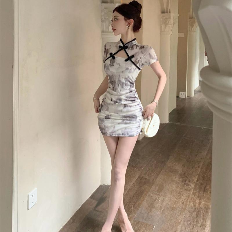 Ăn Mặc sườn xám cách tân Phụ Nữ Phụ Nữ tay ngắn Trên Đầu Gối cổ áo Trung Quốc eo cao Thời Trang Thanh Lịch Bodycon Hoa Ngọt Ngào 2024 tiệc tối Buổi Tối Women Dress váy dầm cỡ lớn Plus Size 3