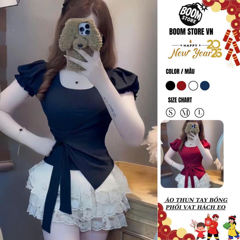 Áo Thun Nữ Cổ Vuông Tay Bồng Phối Vạt Chéo Buộc Nơ Phối Dây Buộc Thắt Eo, Chất Liệu Tăm Lạnh – By BOOM STORE VN áo  phông  cổ  vuông | BigBuy360 - bigbuy360.vn