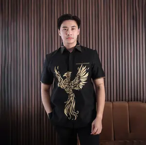 Batik Pria Hem Smock Bordir B490 Katun Halus Motif Burung Phoenix Warna Emas