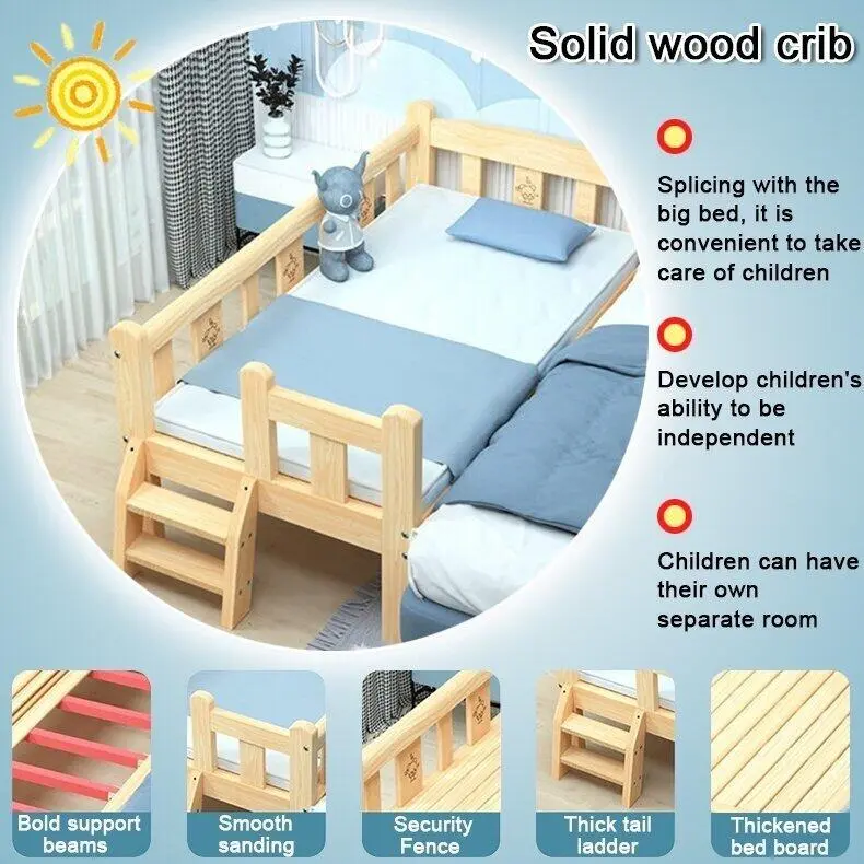 【SG Local Seller 】Upgrade 128cm 4 GuardrailBaby Bed Baby Cot Toddler Bed Newborn Crib Splicing Big Baby Bed With Guardrail Children Bed Attached to Parents Bed Solid Wood Kids Bed Frame With Mattress Single Bed