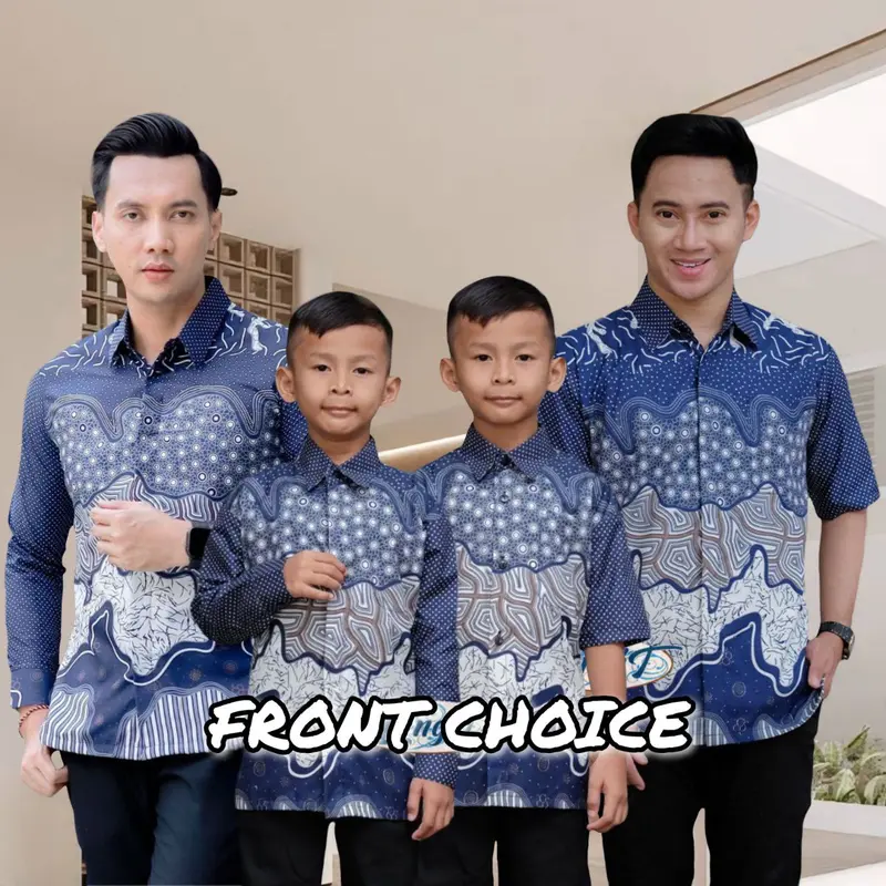 FRONT CHOICE - TERBARU COUPLE BATIK AYAH DAN ANAK LAKI LAK || KEMEJA BATIK PRIA DEWASA DAN ANAK LAKI LAKI MODERN MOTIF OMBAK BIRU 0