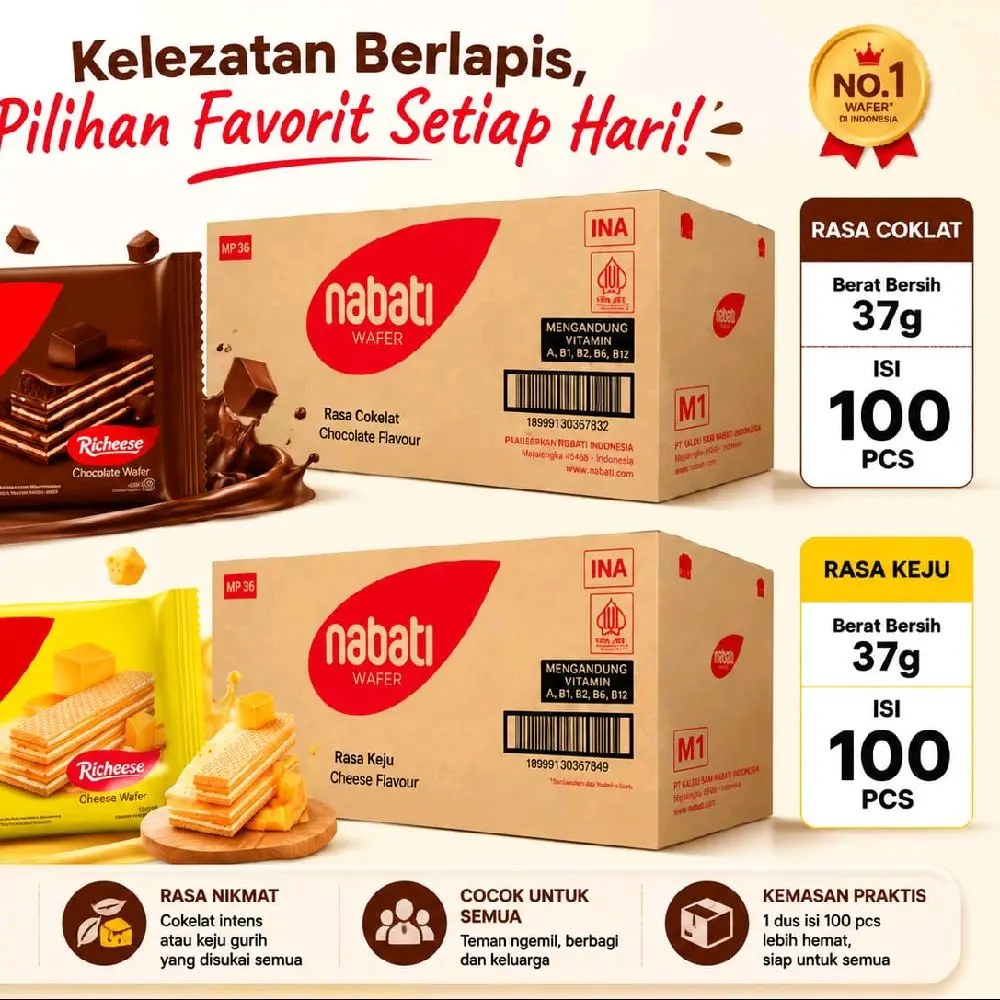 Nabati Wafers Rasa Coklat & Keju 37g (1 DUS = 100PCS & 50 PCS)