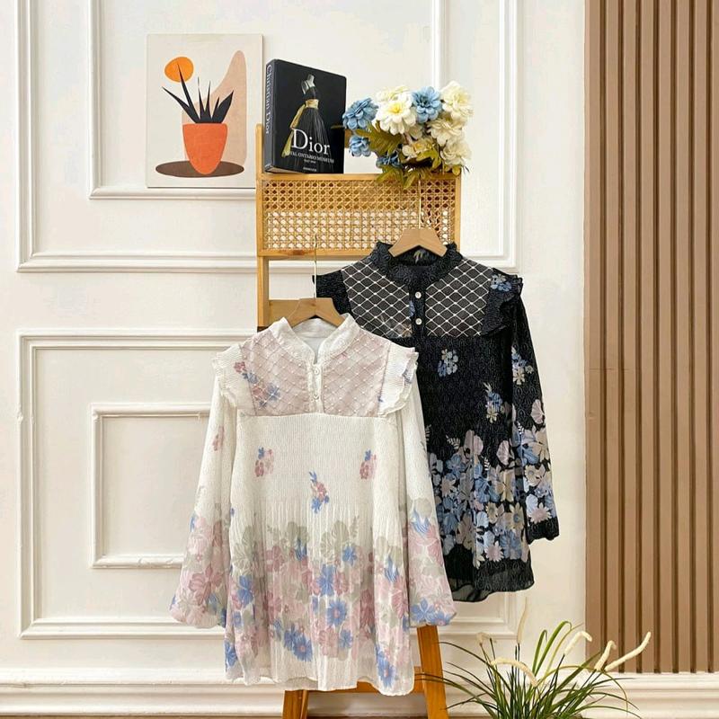 Meijiwang Top atasan Kemeja blouse wanita plisket motif ceruty korean style by meijiwang / Atasan Ceruty Motif Wanita Terbaru / Blouse Ceruty Plisket Panjang Dewasa etnik Busui 3