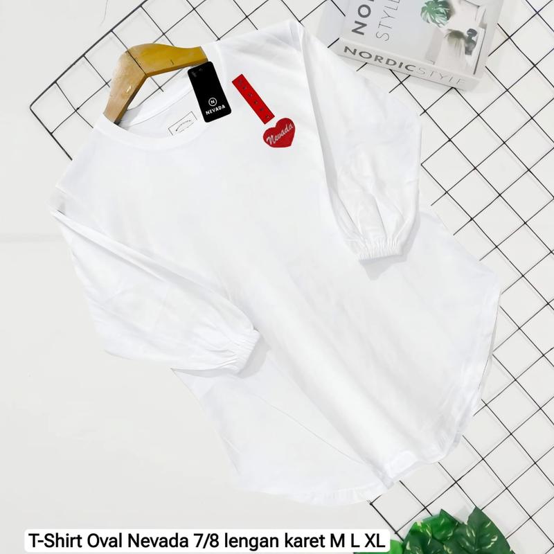 Kaos wanita Oversize oval Lengan Karet 7/8 katun Combed 6