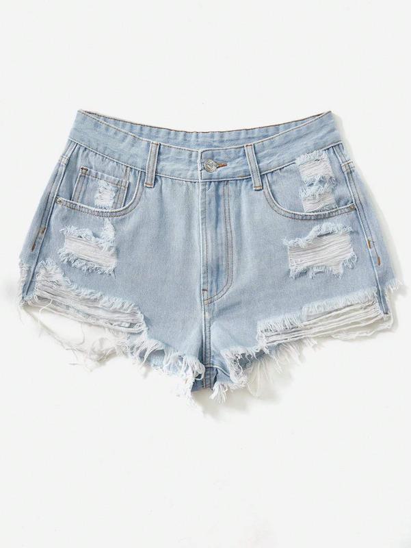 TikTok Shop Plain Color Raw Edge Ripped Pockets Casual Denim Shorts denim shorts foldover Cotton Fit Womenswear Bottom Leg Underwear Women Lady Fabric Comfort