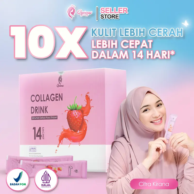 Queensi Collagen Drink - Minuman Kolagen Serbuka Rasa Strawberry dengan Vitamin C dan E Pemutih Badan & Kulit 0