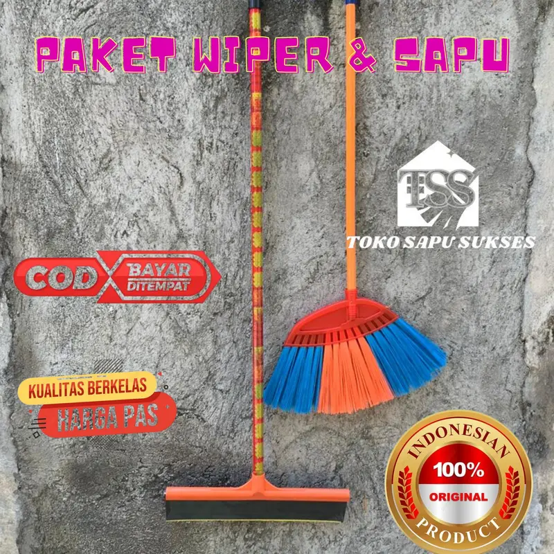 PAKET SAPU 2 IN 1 SAPU SENAR  & WIPER @2 ALAT BERSIH PLUS GAGANG PLASTIK sapu jawa Lantai 2