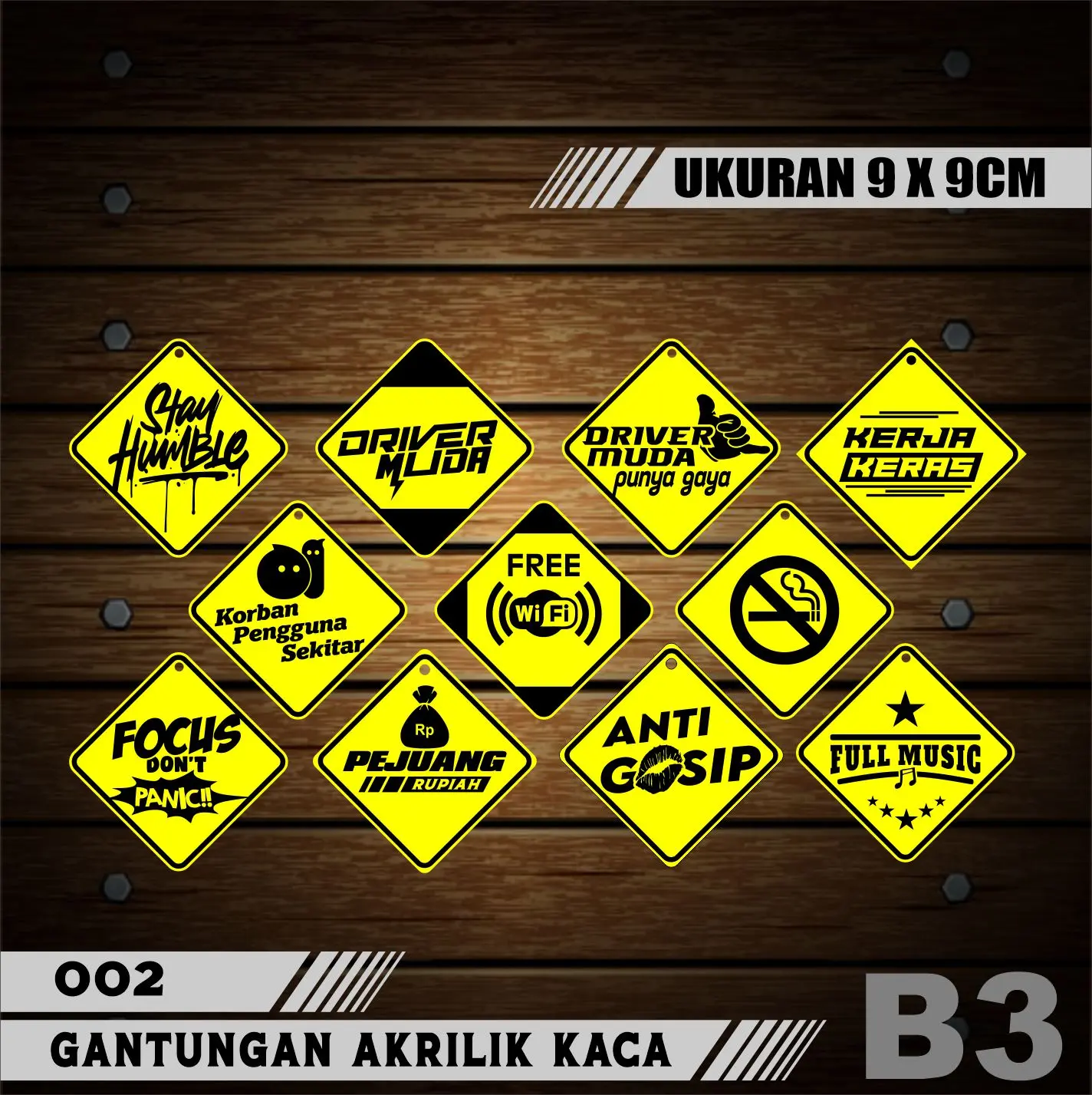 (COD) PAKET 11 PCS GANTUNGAN KACA MOBIL DAN TRUK AKRILIK BEBAS CUSTOM DUA SISI 003