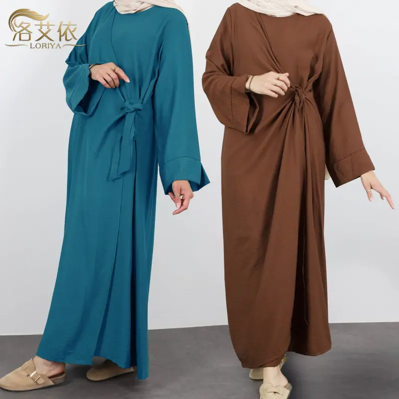 Muslimah Pure Color Lace Up Long Dress Robe