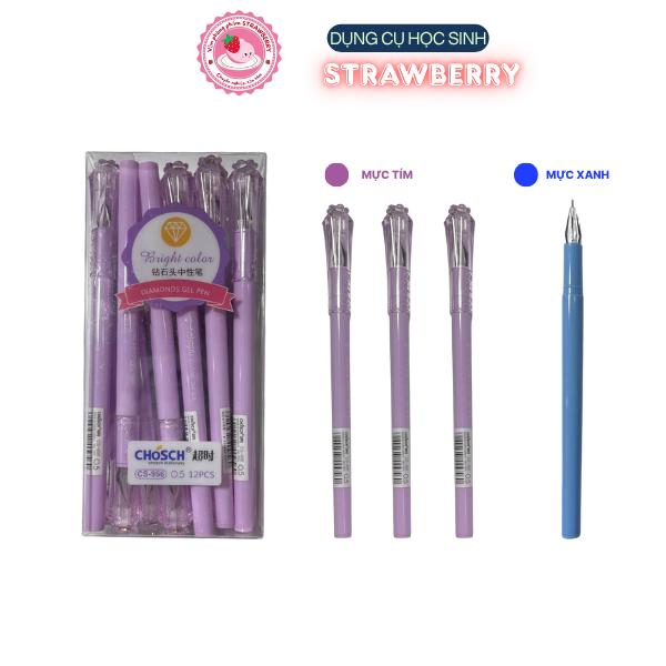  HỘP 12 CÂY BÚT GEL CHOSCH 956 ĐẦU BÚT KIM CƯƠNG  XANH  TÍM  