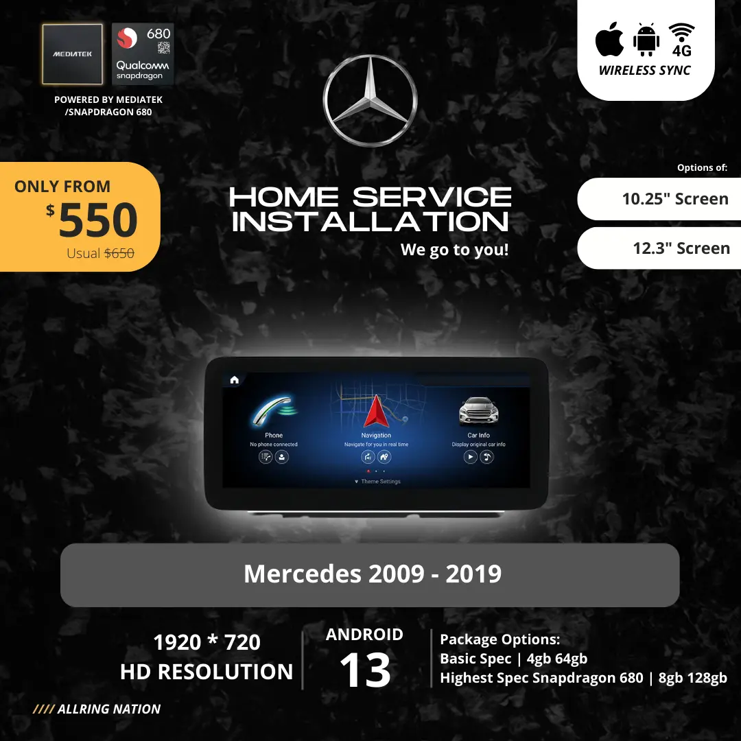 Mercedes Headunit for A/B/C/E/CLA/GLA/GLC/V Class 2009-2019 | Wireless Carplay & Android Auto | 4G-LTE 1920*720P + Free Home Visit Installation