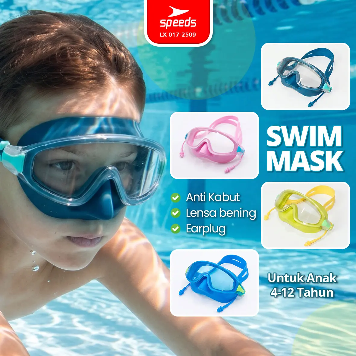 SPEEDS Swim Mask Anak Lensa Lebar Anti Kabut Perlengkapan Renang 017-2509