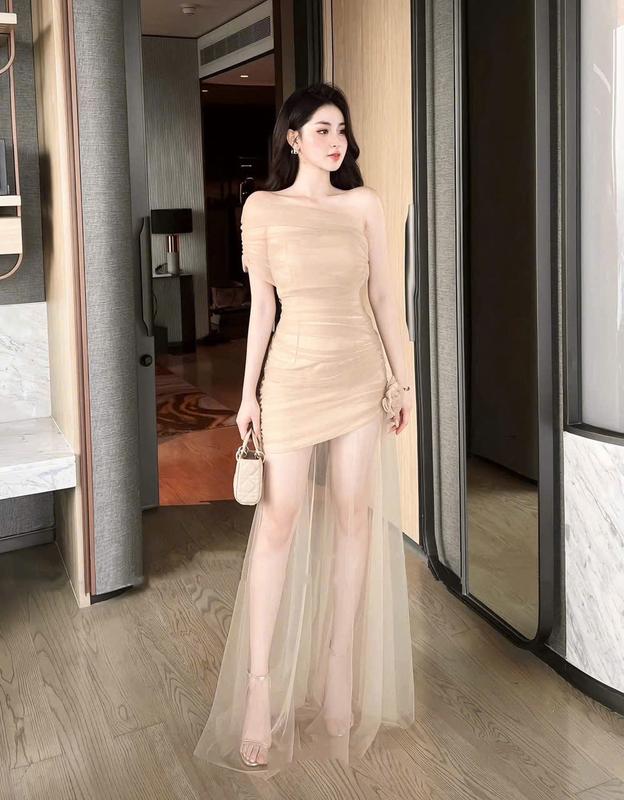 [AD01] Đầm Dạ Hội Lệch Vai Dáng Dài Phối Lưới Xếp Ly Đính Hoa Váy ad01 dam Dự Tiệc Ôm Eo Sang Trọng Màu Be & Đen Phù Hợp Dự Tiệc Cưới Sinh Nhật Dạ Hội Lễ Kỷ Niệm Chụp Ảnh Thời Trang