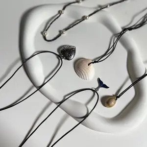 Choker Unisex Tema Laut Pantai Tali Hitam | Kalung Liontin Love Kerang Laut Asli | OOTD Pantai Lucu