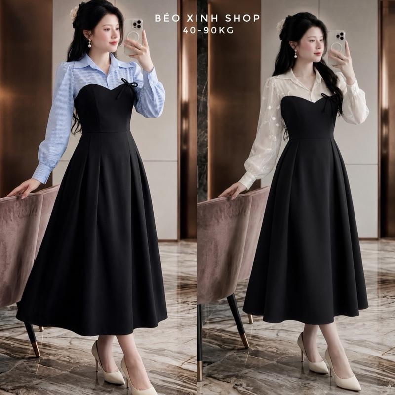 Váy Dự Tiệc Bigsize 40–90kg Tay Dài Cổ Sơ Mi, Vải Tuyết Mưa Cao Cấp, Form Che Dáng Thanh Lịch - A1625