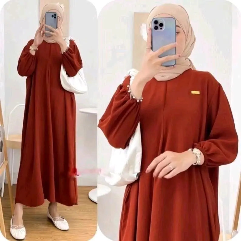 [BUNDLE 3 PCS] Amanda Midi Dress Crinkle Airflow Premium Lengan Panjang Karet - Wanita 1