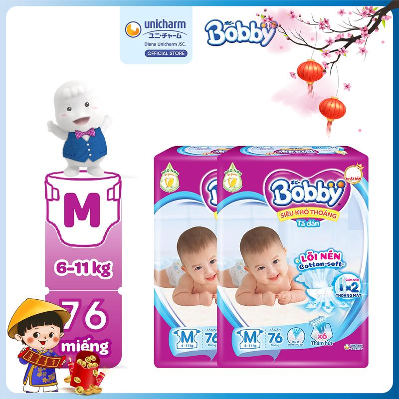 COMBO 2 Bobby Tã bỉm dán M76 Siêu khô thoáng Lõi nén cotton-soft
