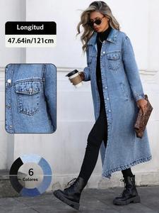 Abrigo de mezclilla con frente de botones, elegante y casual, manga larga, ideal para primavera y otoño, ropa de mujer para uso diario