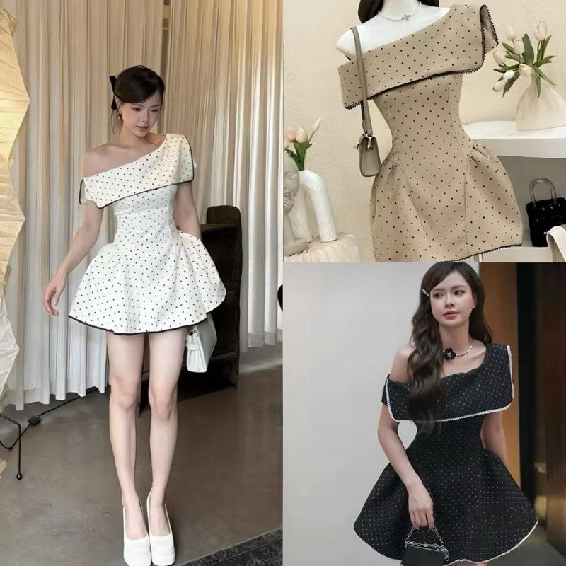 [Bèo Béo Bigsize ] MiniDress - Đầm Thiết Kế Chấm Bi Lệch Vai Chiết Eo Dáng Xoè Bồng Form Bigsize 60-90Kg