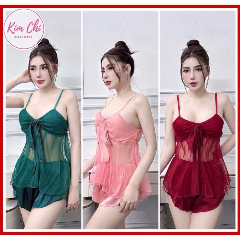 Đồ ngủ hai dây lưới cột nơ lụa latin mềm mịn không mút mặc mát mùa hè từ 40-65 kg gói 1 bộ Nữ Áo Women Đỏ