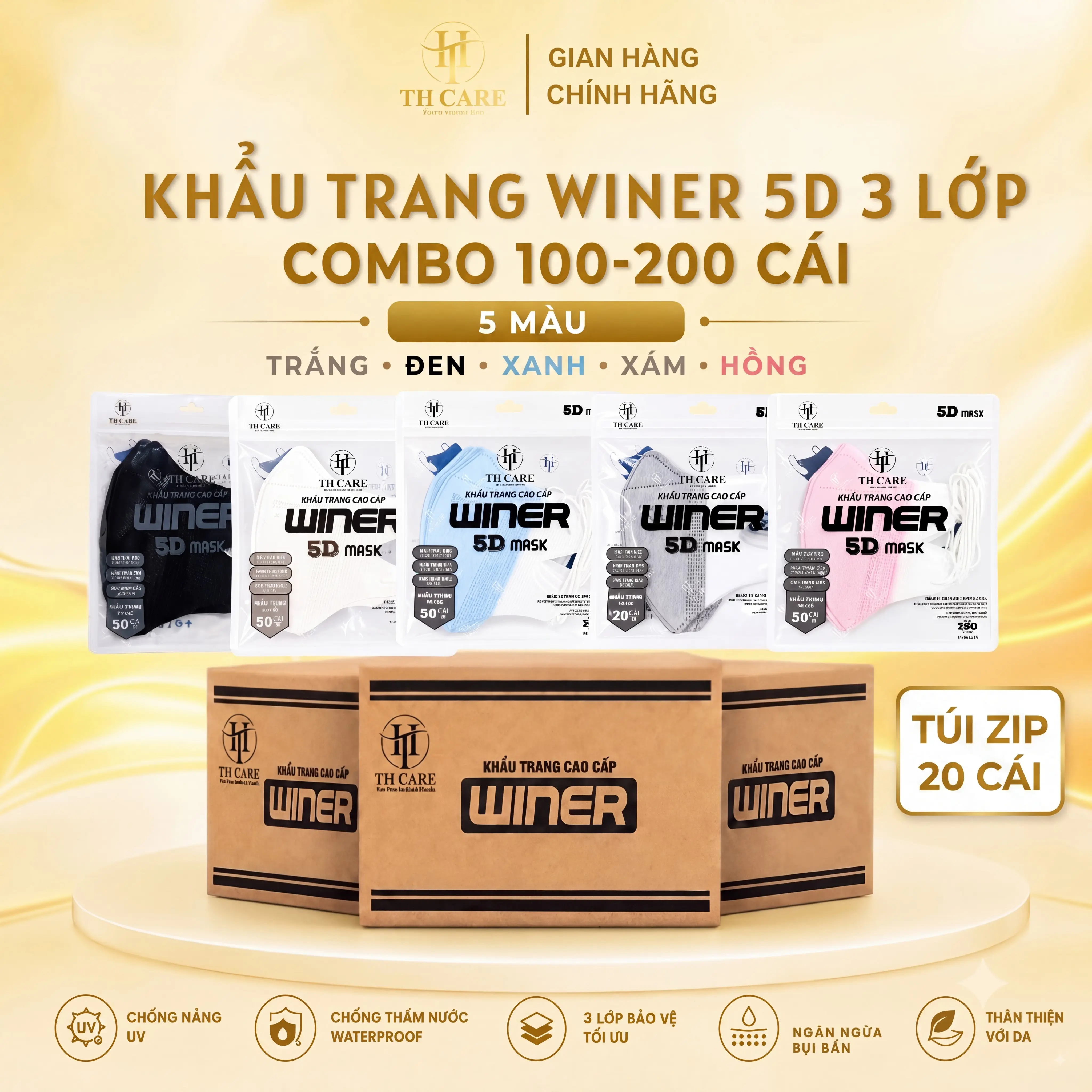 WINER Khẩu Trang 5D 3 Lớp Combo 100-200 Cái - Bảo Vệ Toàn Diện - Chất Liệu An Toàn - Thiết Kế Thông Minh - Tiện Lợi & Thoáng Khí - 5 Màu Sắc