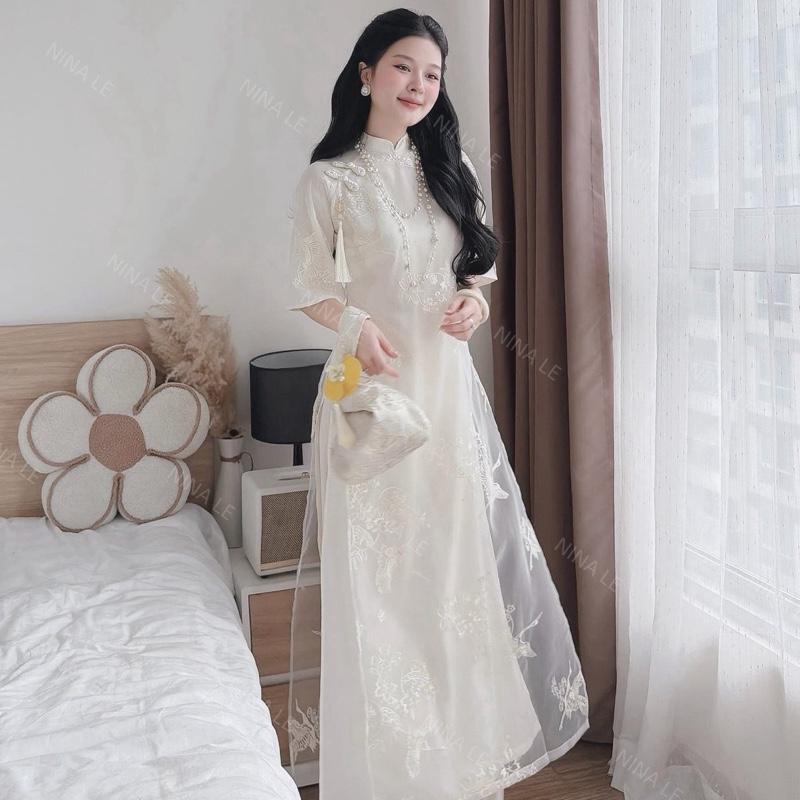 Áo Dài Cách Tân Hạc Vũ A130 Áo Dài Tơ Thêu 4 Tà Phối Nút Tàu Phối Dây Tua Rua Mặc Lễ Tết Lễ Chùa Ăn Cưới - Akara Closet | BigBuy360 - bigbuy360.vn
