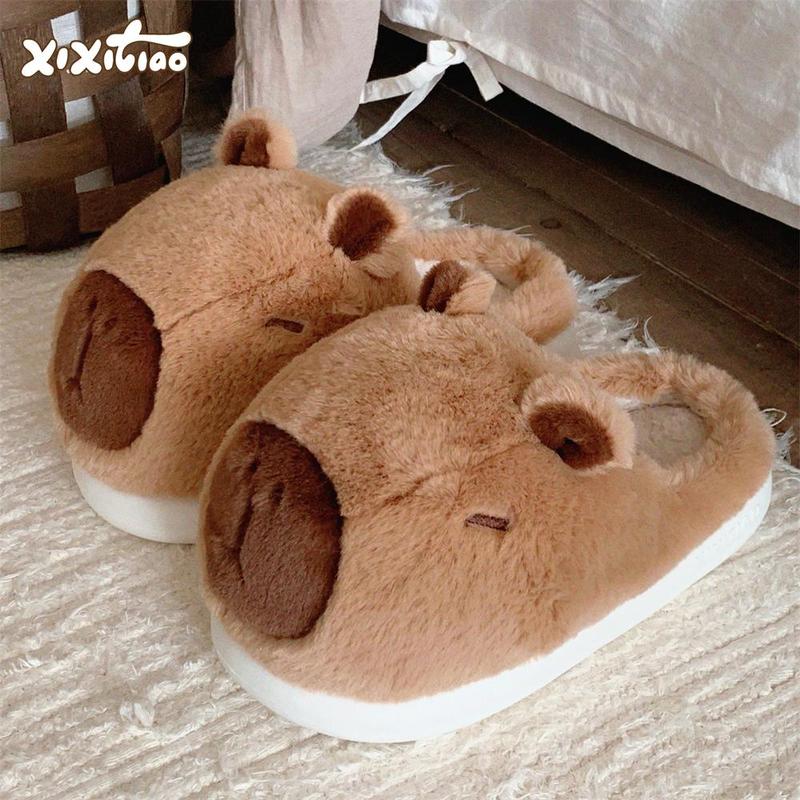 XIXITIAO [2 colors Size: 36-45] Capibara women's cute cartoon cotton slippers EVA Winter warm plus velvet couple men and women cotton slippers