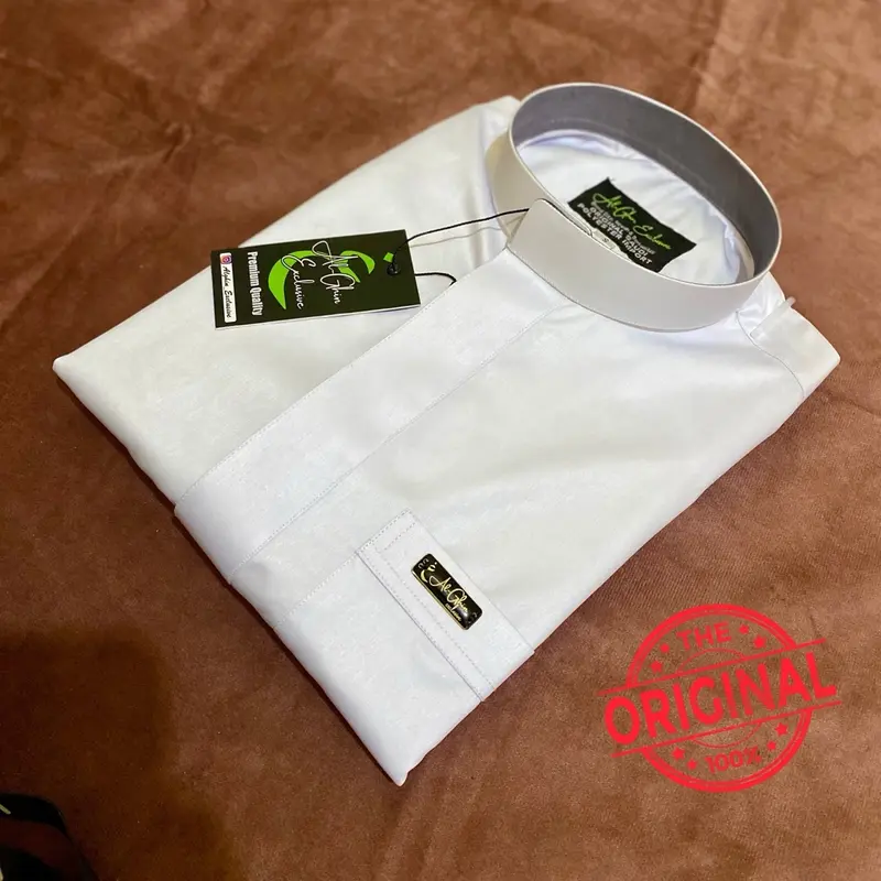 Baju koko putih Original Saudi Polyester Import lengan panjang polos / Baju Pria Muslim Elit, Mewah, Berkelas dan Berkualitas Alghin Exclusive 01 5